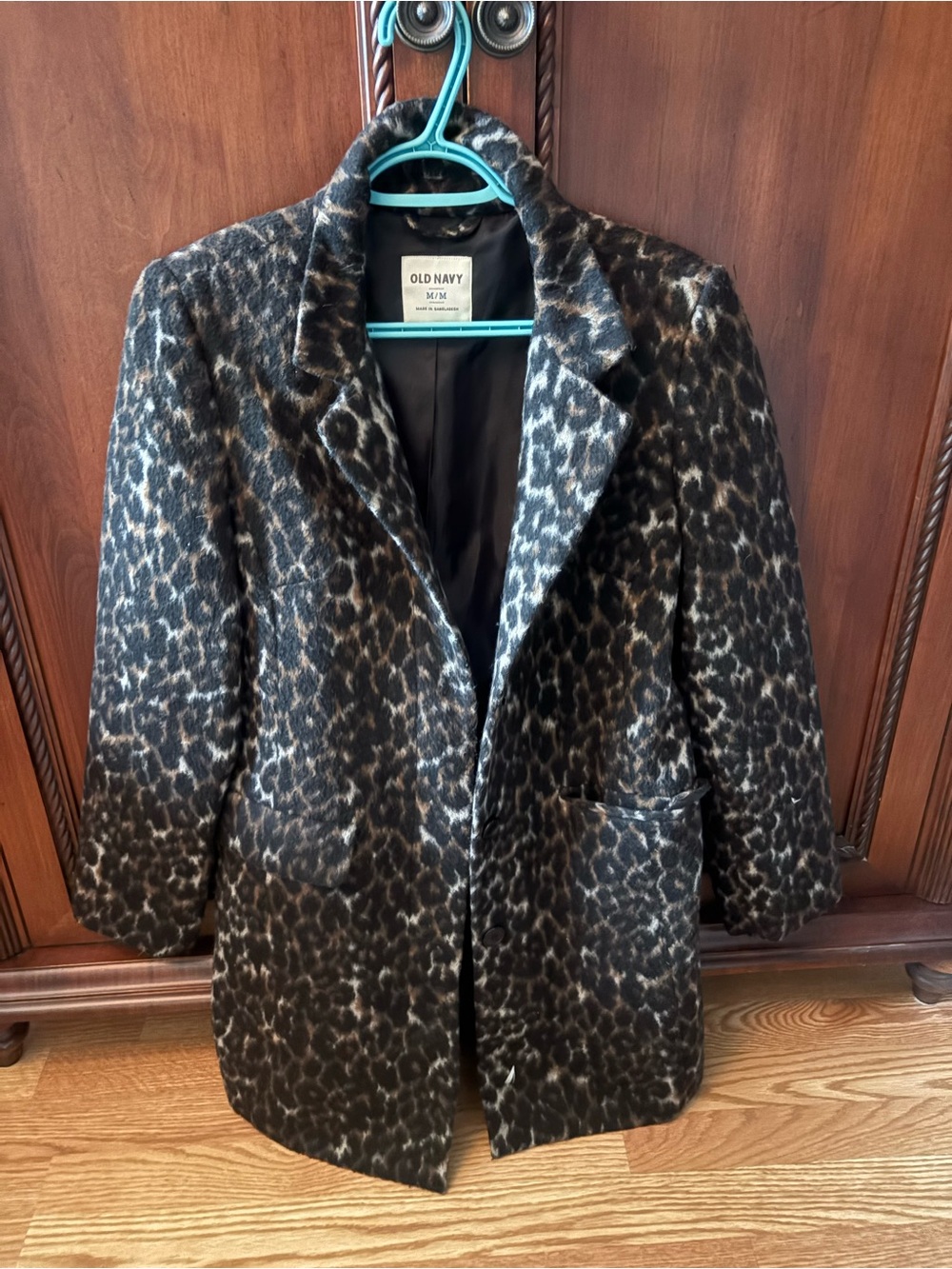 Old Navy Women's Black and Gray Leopard-Print Pea Coat